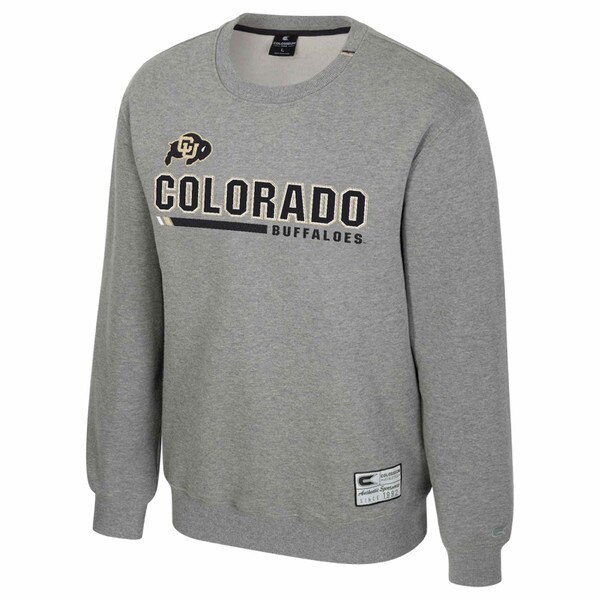 CU Boulder gray crewneck sweatshirt with embroidered Colorado Buffaloes text and logo by Colosseum